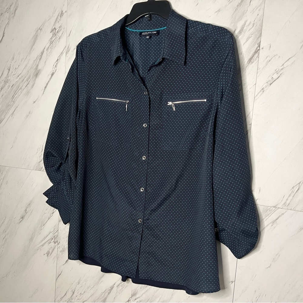Jones New York Dotted Button Up Navy Blouse Top SZ 2X